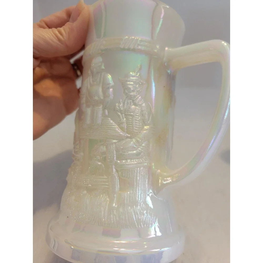 Vintage Colonial Village Iridescent Milk Glass Mug Candle Holders Set of 2 White